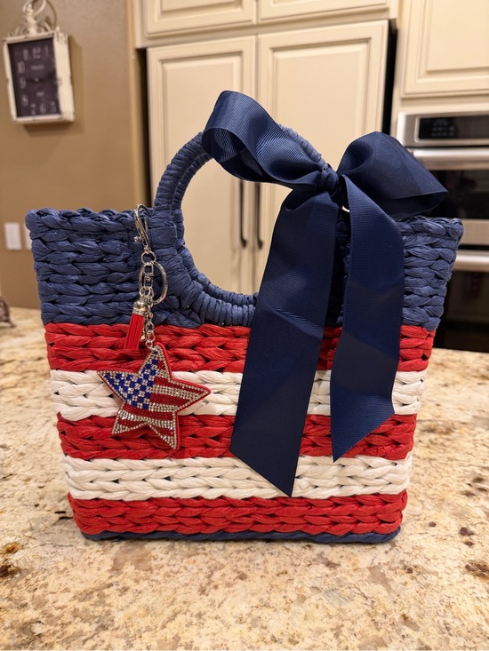 Alessia Handbags - Alessia Red, White & Blue Woven Tote Bag w/Navy Bow & Rhinestone star bag charm